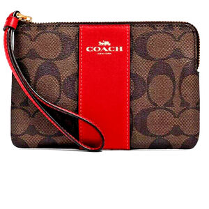 NWT Coach Corner Zip Wristlet In Signature Canvas Brown / Red New